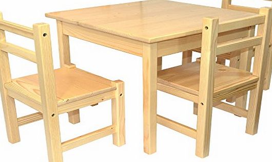 Childrens Furniture Solid Pine Wood Set of 4, One Table and Three Chairs Natural Varnished