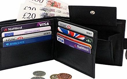 ODS:UK MENS HIGH QUALITY LUXURY SOFT LEATHER TRI FOLD WALLET CREDIT CARD SLOTS, ID WINDOW AND COIN POCKET (BLACK)