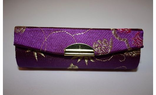 Purple Silk Brocade Lipstick Holder Case, Mirror inside for Convenience, Holds One Ladies Lipstick