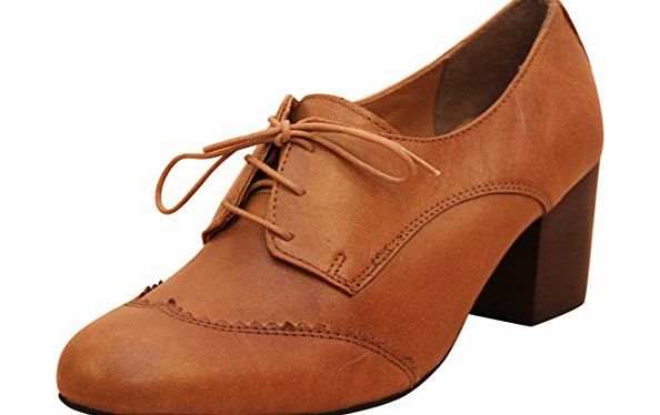 office  Tan Brown Real Leather Mid High Heel Lace Up Victorian Steampunk Shoes