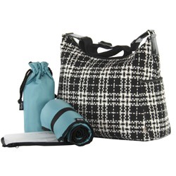 Wollen Check Black White Hobo with Teal  Patent