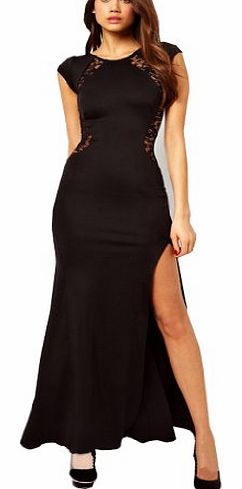 Sexy Womens Ladies Floral Lace See-through Back Slim Bodycon Side Split Maxi Long Party Evening Dress Black 12