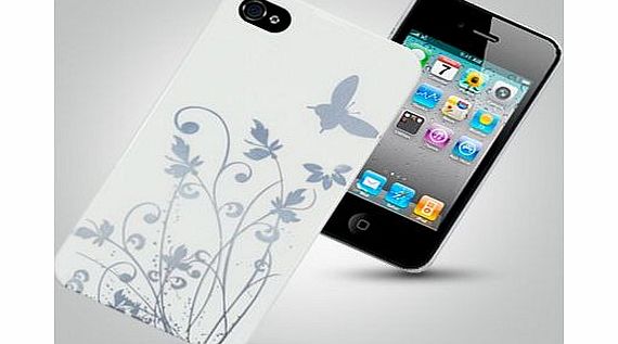 IPHONE 4 CASE COVER - BRAND NEW iPHONE 4 PROTECTION BACK COVER CASE - WHITE, SILVER FLOWERS AND BUTTERFLIES WITH SCREEN PROTECTOR - Mobile Phone Accessories By Oliviasphones