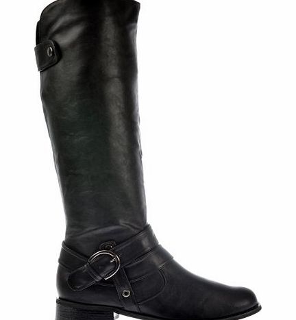 Onlineshoe Ladies Womens Tall Knee High Flat Riding Boots - Straps and Buckles - Black Black UK6 - EU39 - US8 - AU7
