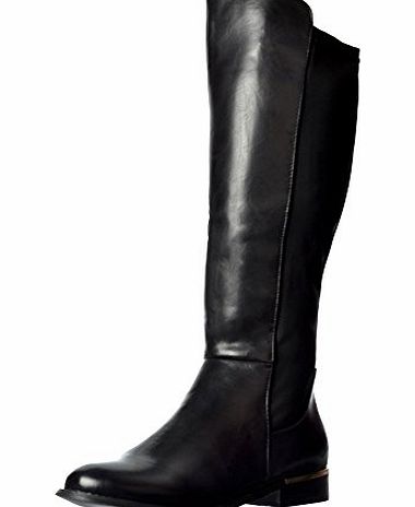 Onlineshoe Womens Ladies Gold Heel Detail Extra Wide Calf Stretch Knee High Flat Riding Boot - Black, Dark Brown UK8 - EU41 - US10 - AU9 Black