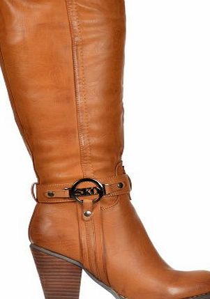 Onlineshoe Womens Ladies Tall Knee High Biker Boots With Straps and Heel UK5 - EU38 - US7 - AU6 Tan With Buckle