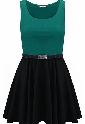 Oops Outlet Womens Belted Sleeveless Office Flared Franki Party Club Ladies Skater Dress Top
