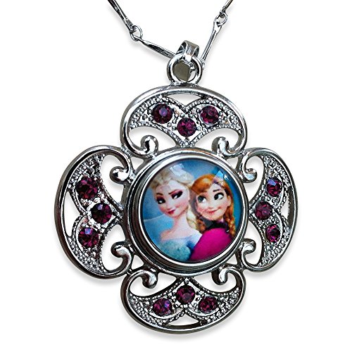 Frozen. Snow Queen Elsa and Princess Anna Portrait Glass Cabochon Pendant Necklace with Crystal Surround