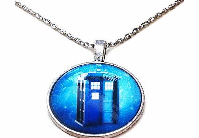 Orion Creations TV Inspired Blue Tardis Silver Tone Glass Cabochon Pendant Necklace