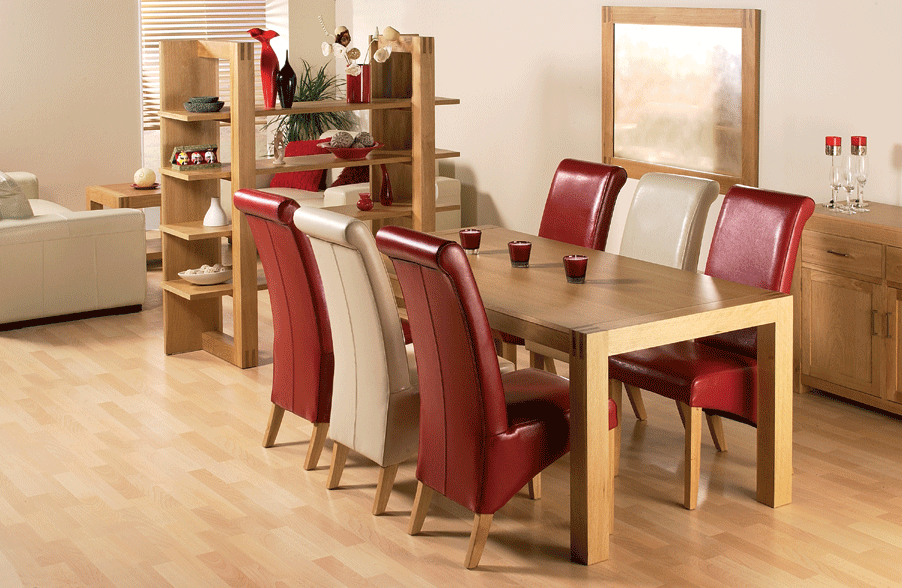 orly Oak 6 ft Dining Table and 6 Zeba Leather