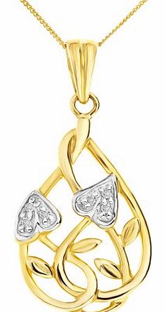 9ct Yellow Gold Diamond accent Leaf and Interlacing Stem design Pendant with 46cm Chain