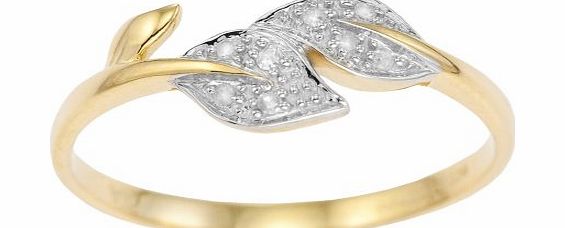 Ornami Glamour 9ct Yellow Gold Ladies Diamond Set Celtic Style Double Leaf Ring Size N