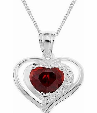 Ornami Sterling Silver Red Clear CZ Surround Heart Pendant with Chain of 46Cm