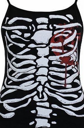 Oromiss Womens Ladies Halloween Skeleton Rib Cage Vest Stretch Bloody Heart Black Top