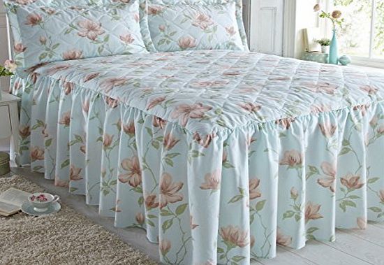 Other King Size Bed Fitted Bedspread Alba Duck Egg, Pale Duckegg Blue Ground / Pink Floral Print, Traditional Frilled Quilted Wavy Diamond, Extra Deep Side Frill 24``
