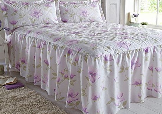 Other King Size Bed Fitted Bedspread Alba Lilac, Off White Ground / Lilac Floral Print, Traditional Frilled Quilted Wavy Diamond, Extra Deep Side Frill 24``