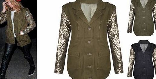Womens Ladies Celebrity Military Style Khaki Gold Sequin Sleeve Jacket UK 8-14 UK 8 AUS 10 US 4 Khaki