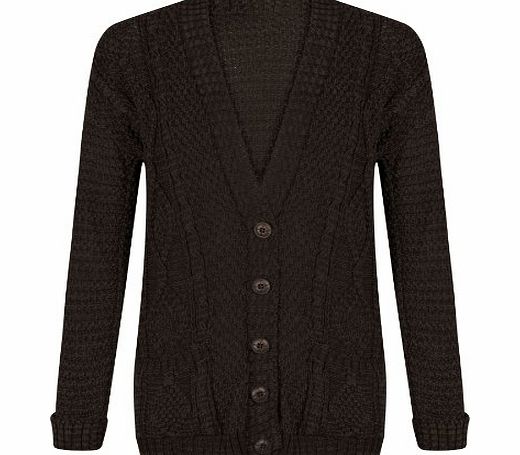 Outofgas Clothing. Womens Ladies Chunky Cable Knitted Long Sleeve Button Grandad Knitwear Cardigan - BROWN - One Size(UK8-14) - (Mixed Fibres)