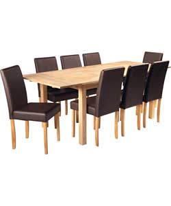 Oak Dining Table and 8 Brown Leather