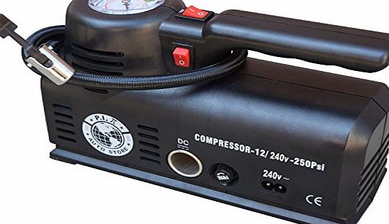 P.I. Auto Store Tyre Inflator - YS-205.2 - Dual Power 12V DC (car) 240V AC (mains). Portable Air Compressor with storage bag.