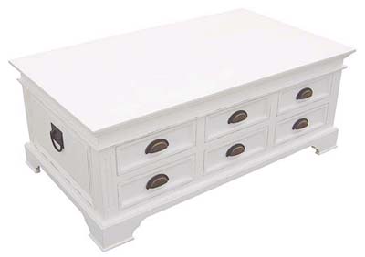 painted WHITE COFFEE TABLE 6 DRAWER KRISTINA