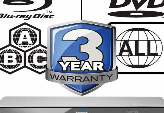 Panasonic DMP-BDT380EB Silver 3D 4K Upscaling WiFi ICOS Multi Region All Zone Code Free Blu-ray Player. Blu-ray regions A, B and C, DVD regions 1 - 8. YouTube, Netflix etc. HDMI output. HDD Playback