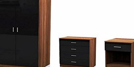 3 Piece Bedroom Set Black High Gloss Walnut Frame Double Wardrobe, Bedside Cabinet, Chest of Drawers