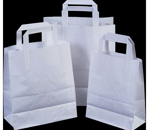 Paper Carrier Bags 25x White Paper Carrier Bags with Flat Handles - 18cm x 23cm x 9cm