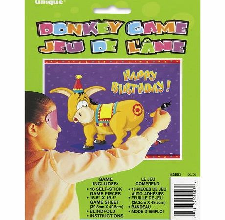 Donkey Party Pin Game. Includes 16 Self Stick Games Pieces, 15`` X 19.5``. Game Sheet, Blindfold & Instructions.
