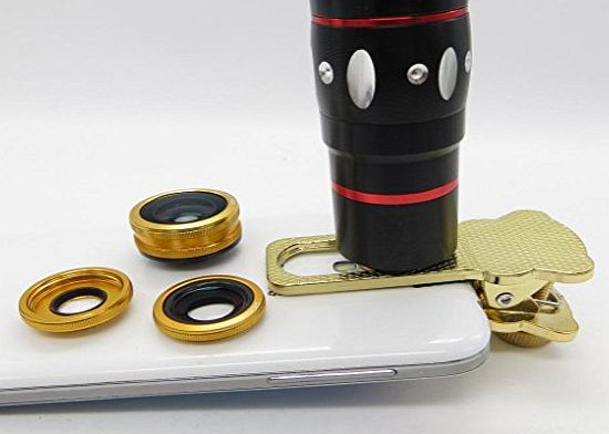 Pechon Gold Universal Clamp Clip Camera Lens 10x Optical Zoom Telescope   Fish Eye Lens   Wide Angle   Micro Lens 4-in-1 Kit for Iphone 6 6 Plus 5 5c 5s 4s 4 Ipad Mini Ipad 4 3 2 Samsung Galaxy S5 S4