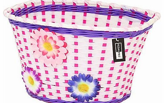 PedalPro Flowery Childrens Bicycle Basket - White, Pink 
