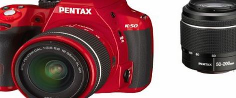 K-50 DSLR Camera with DAL 18-55mm WR and DAL 50-200mm WR Lens Kit - Red (16MP, CMOS APS-C Sensor) 3 inch LCD