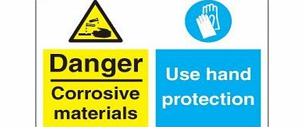 Perfect Safety Signs Multi-Purpose Safety Sign - Danger Corrosive Materials / Use Hand Protectors (Self Adhesive Vinyl / 300x200mm)
