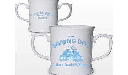 Personalised Bootee Blue Naming Day Loving Mug