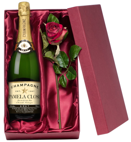 Personalised Champagne with Silk Rose