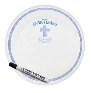 Cross Blue Christening Message Plate