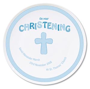Cross Blue Christening Plate