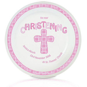 personalised Pink Christening Cross Plate