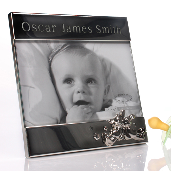 Personalised Shiny Silver Teddy and Bunny Frame