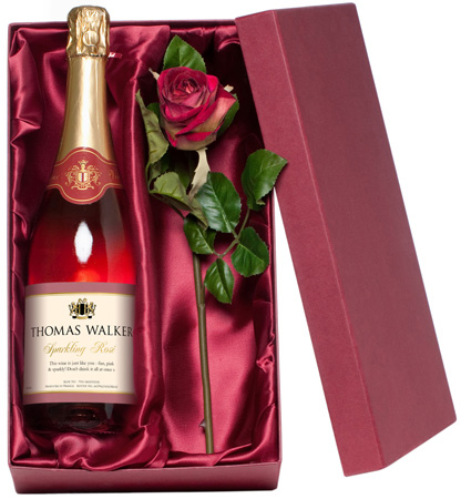 Personalised Sparkling Rose Wine with Silk Rose