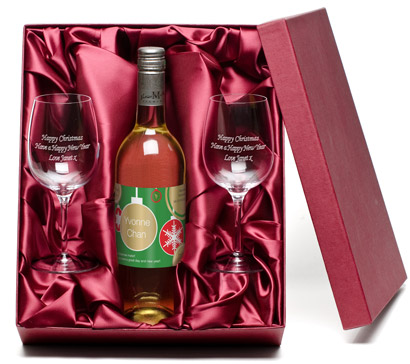 Personalised White Wine with Engraved Glasses -