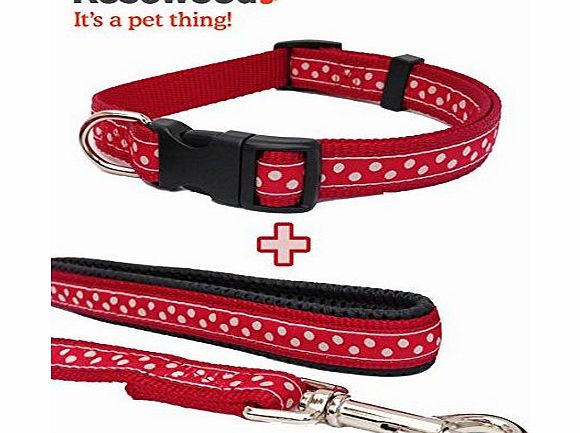 Pets Playground Uk Wag n Walk Red Spotty Dog COLLAR AND LEAD SET Available in 3 sizes (Small Collar 25-35cm amp; Lead)