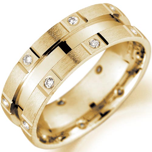 6mm Diamond Set Matt and Polished Finish Wedding Band In 9 Carat Yellow Gold