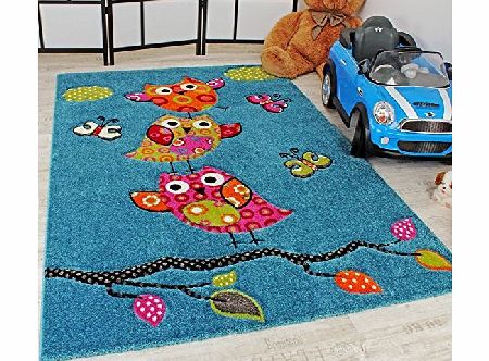 PHC Kids Carpet Cute Owls Modern Children Rug in Blue Turquoise Orange Cream Green, Size:120x170 cm