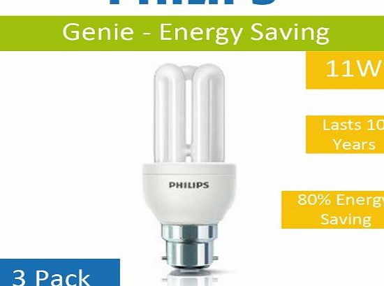 Philips 3 x Philips 11w = 60w Genie BC B22 Bayonet Cap Energy Saving Light Bulbs 10 Year Lifetime Lamps Pack