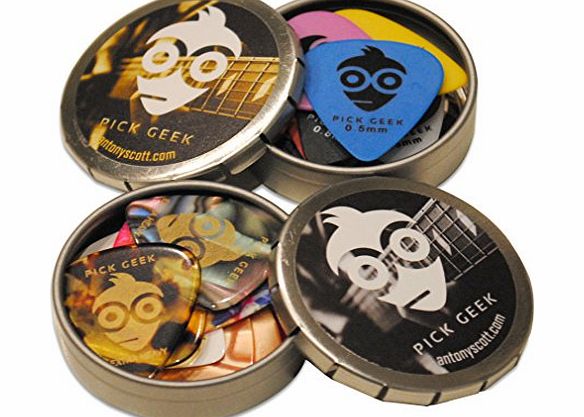Pick Geek Cube - 32 Assorted Cool Custom Guitar Picks (Plectrums) for your Electric, Acoustic or Bass Guitar - Celluloid amp; Delrin (Tortex) - Light (Thin), Medium, Heavy amp; Extra Heavy - Present