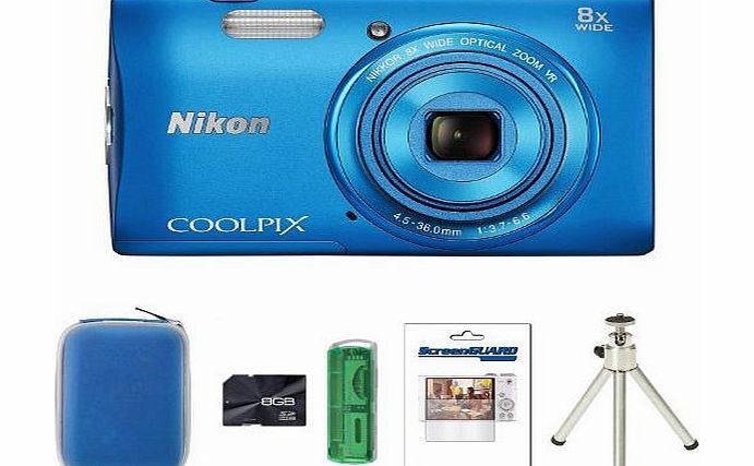 Picsio Nikon COOLPIX S3600 Digital Camera - Blue   Case   8GB Card   Multi Card Reader   Screen Protector and Tripod (20.1MP, 8x Optical Zoom) 2.7 inch LCD