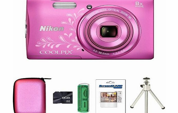 Picsio Nikon COOLPIX S3600 Digital Camera - Pink Lineart   Case   8GB Card   Multi Card Reader   Screen Protector and Tripod (20.1MP, 8x Optical Zoom) 2.7 inch LCD