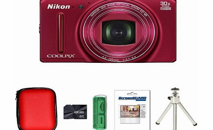 Nikon COOLPIX S9700 Digital Camera - Red + Case + 8GB Card + Multi Card Reader + Screen Protector and Tripod (16.0 MP, 30x Optical Zoom) 3.0 inch OLED with Wi-Fi and GPS