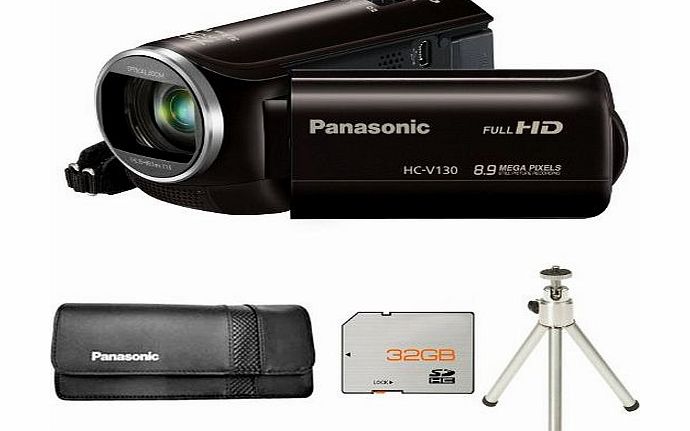 Picsio Panasonic HC-V130 Full HD Camcorder - Black   VWPS65XEK Case   32GB Card and Tripod (8.9MP, 75x Intelligent Zoom) 2.7 inch Touchscreen LCD
